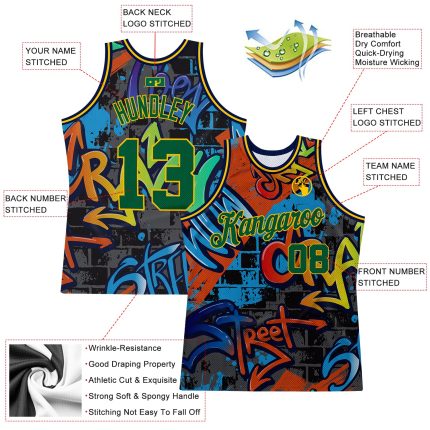Custom Name & Number Kelly Green-Gold 3D Geometric Basketball Jersey with Personalized Graffiti Pattern - Authentic Team Jersey