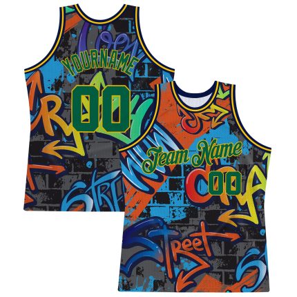 Custom Name & Number Kelly Green-Gold 3D Geometric Basketball Jersey with Personalized Graffiti Pattern - Authentic Team Jersey