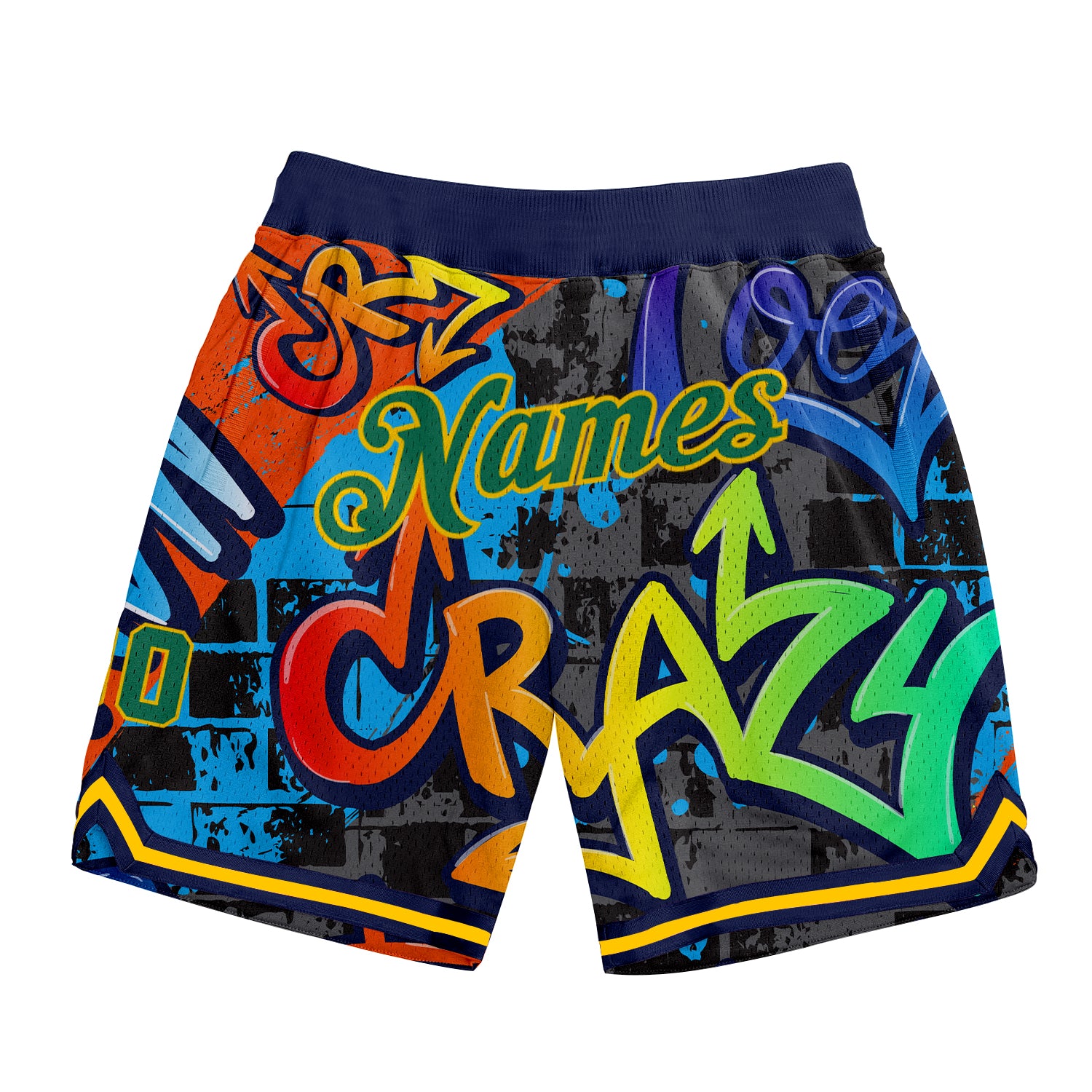 Custom Team Name and Number Basketball Shorts - Personalized Graffiti Pattern in Kelly Green and Gold 3D Geometric Design