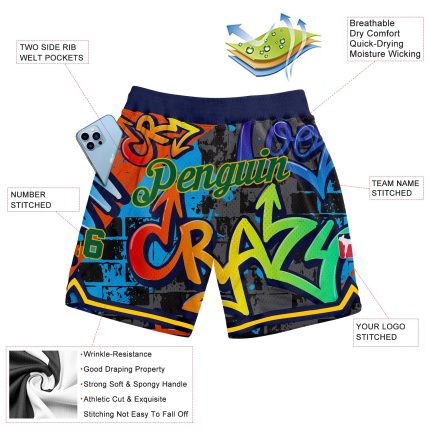Custom Team Name and Number Basketball Shorts - Personalized Graffiti Pattern in Kelly Green and Gold 3D Geometric Design