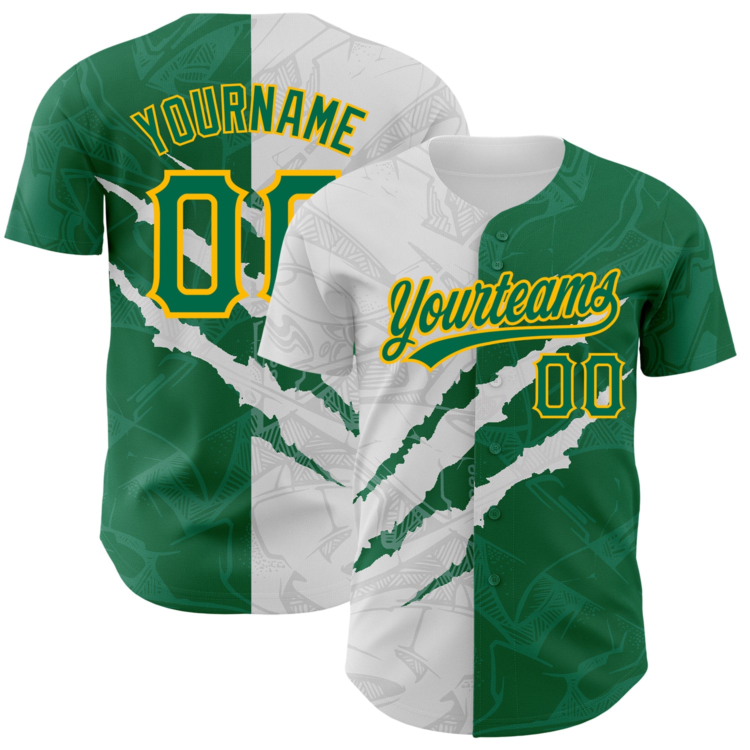 Custom Name Number Baseball Jersey, Personalized Kelly Green-Gold 3D Scratch Graffiti Pattern, Authentic Team Gear Personalized