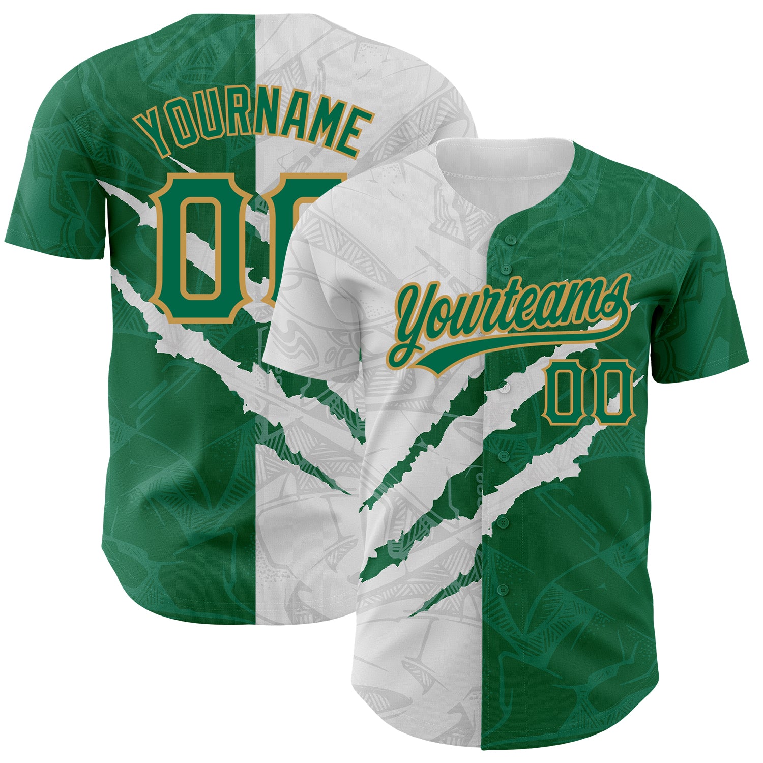 Custom Personalized Graffiti Pattern Baseball Jersey with Name and Number in Kelly Green and Old Gold - 3D Scratch Design