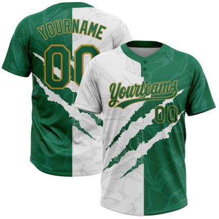 Custom Name and Number Graffiti Pattern Softball Jersey Unisex 3D Two-Button Kelly Green Old Gold Personalized Graffiti Pattern