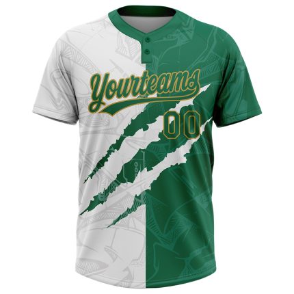 Custom Name and Number Graffiti Pattern Softball Jersey Unisex 3D Two-Button Kelly Green Old Gold Personalized Graffiti Pattern