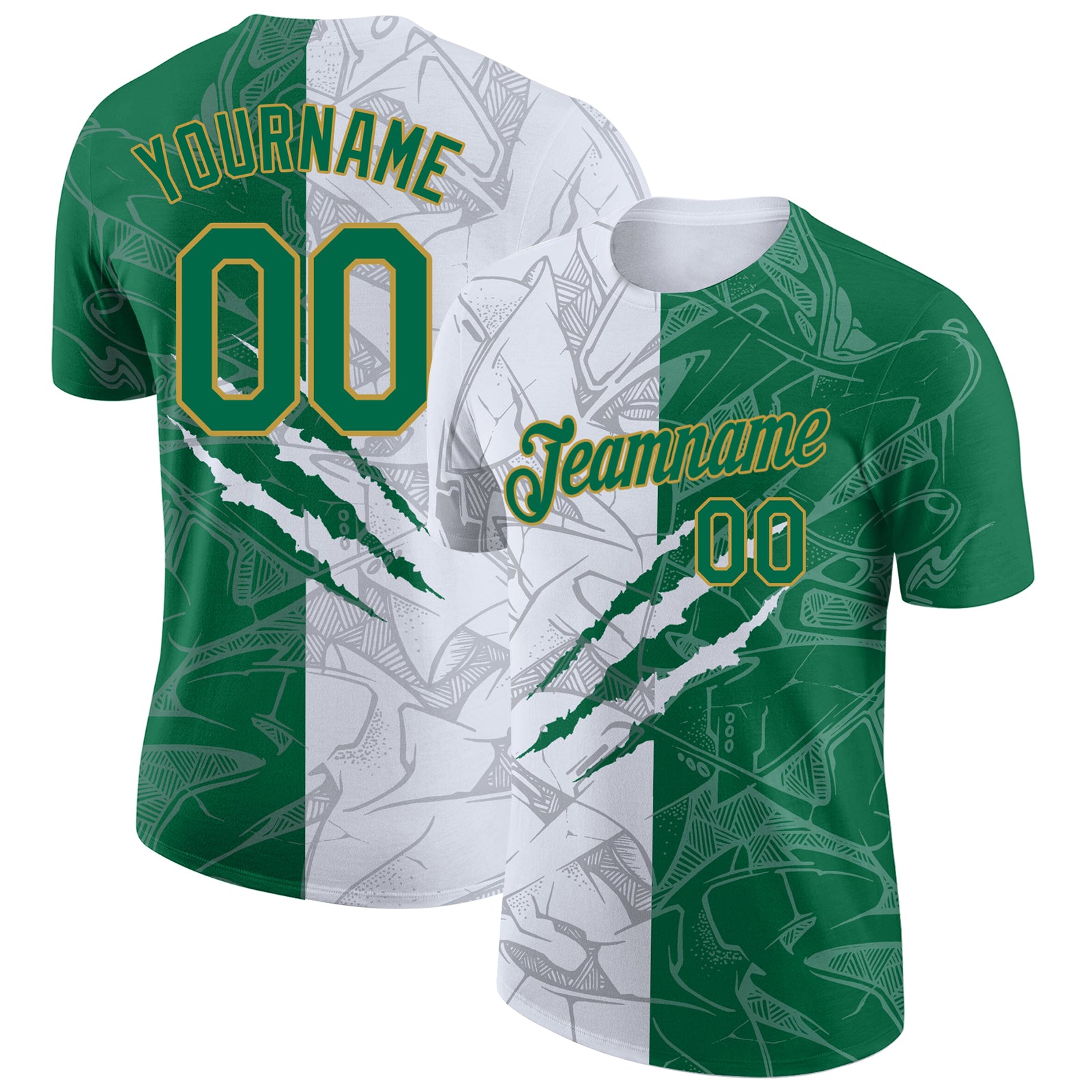 Custom Personalized Graffiti Pattern 3D Performance T-Shirt Kelly Green & Old Gold with Team Name and Number Personalized