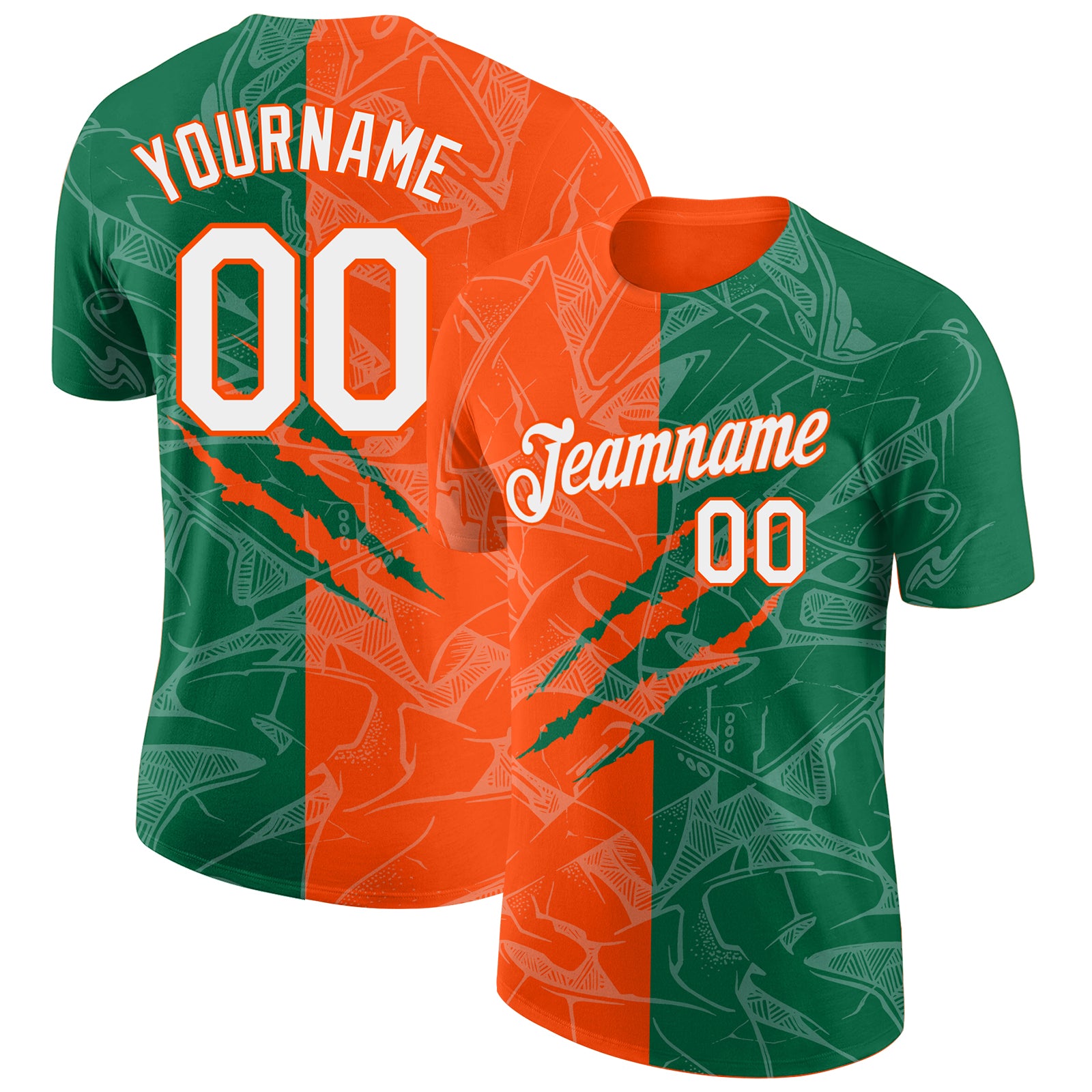 Custom Name and Number 3D Performance T-Shirt with Personalized Graffiti Pattern in Kelly Green and Orange Personalized Graffiti