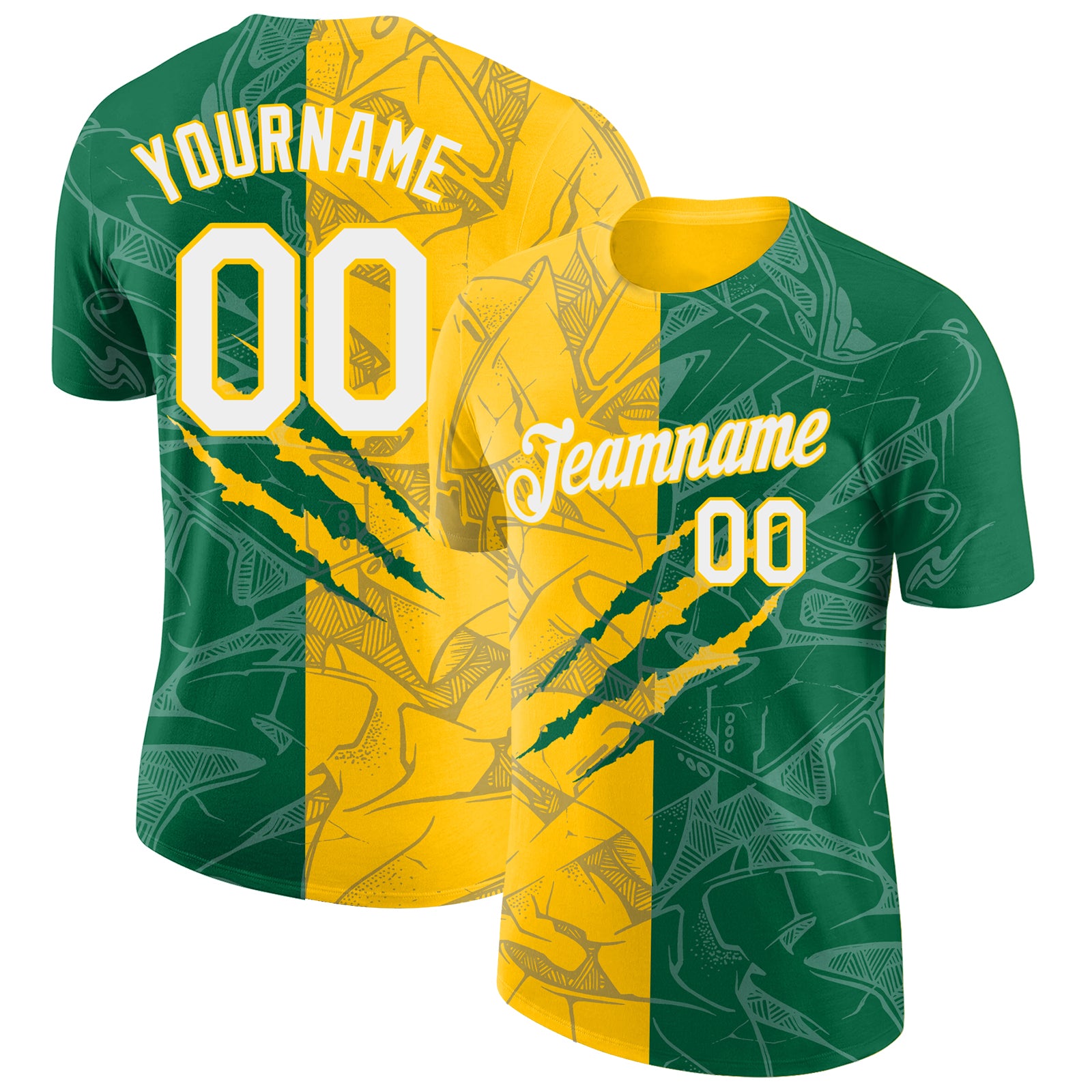 Custom Name Number 3D Performance T-Shirt with Personalized Graffiti Pattern in Kelly Green Yellow Personalized Graffiti