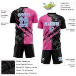 Custom Name and Number Graffiti Pattern Soccer Uniform Jersey in Light Blue Black and Pink Sublimation Design Personalized