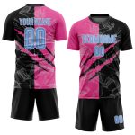 Custom Name and Number Graffiti Pattern Soccer Uniform Jersey in Light Blue Black and Pink Sublimation Design Personalized