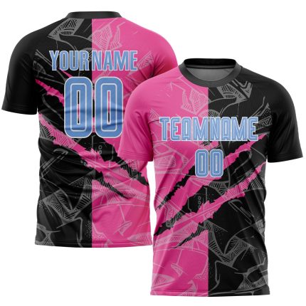 Custom Name and Number Graffiti Pattern Soccer Uniform Jersey in Light Blue Black and Pink Sublimation Design Personalized