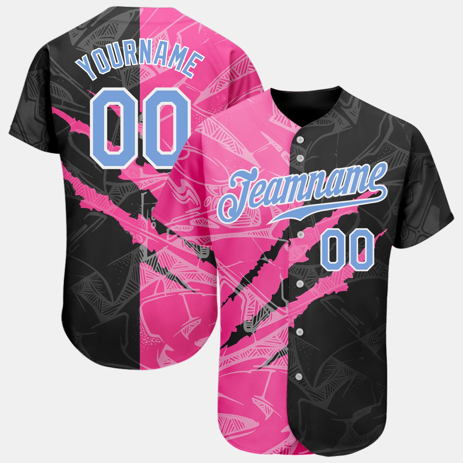 Custom Name and Number Baseball Jersey with Personalized Light Blue Pink Black 3D Graffiti Pattern - Authentic Team Jersey