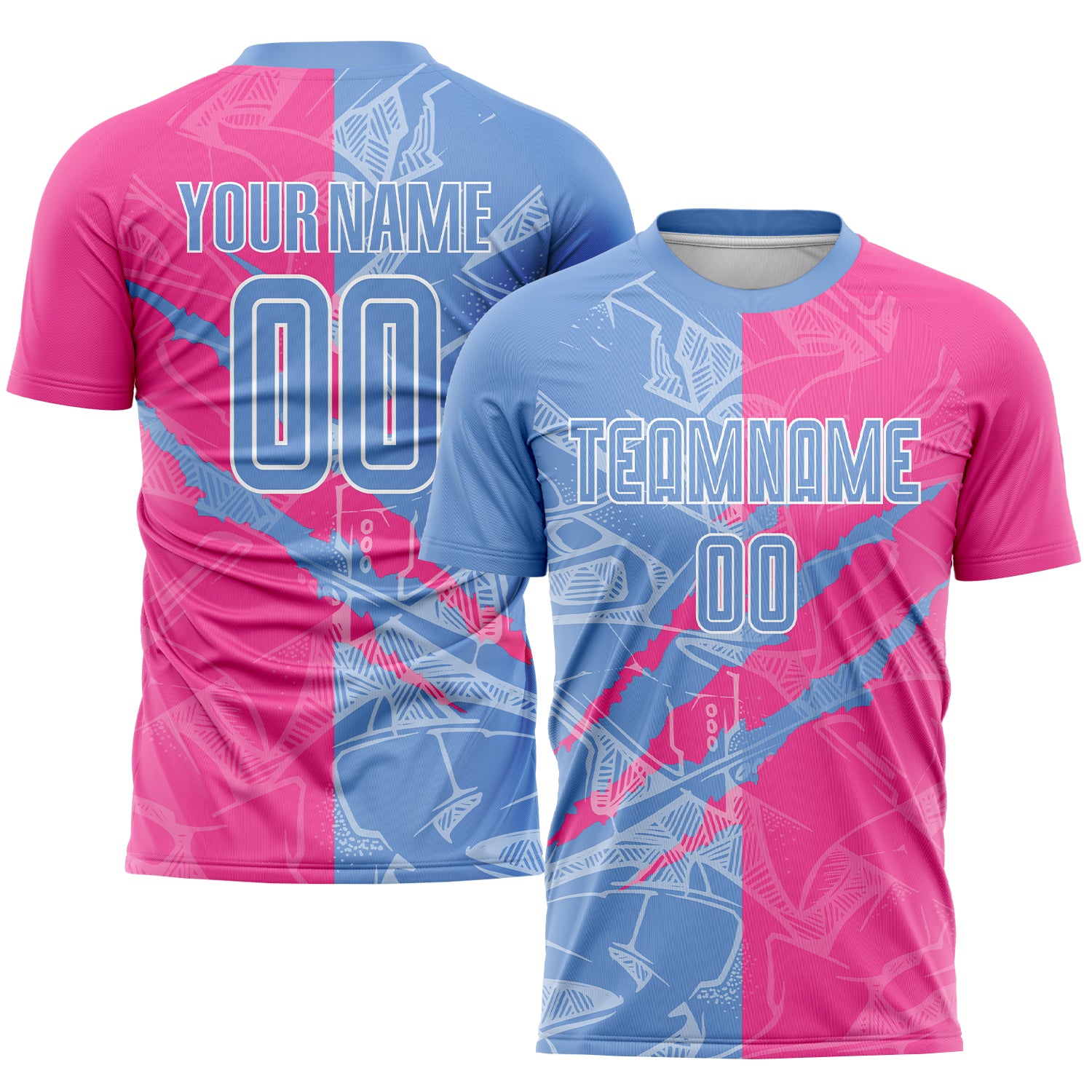 Custom Name and Number Soccer Uniform Jersey - Personalized Light Blue-Pink Graffiti Pattern Sublimation Design Personalized