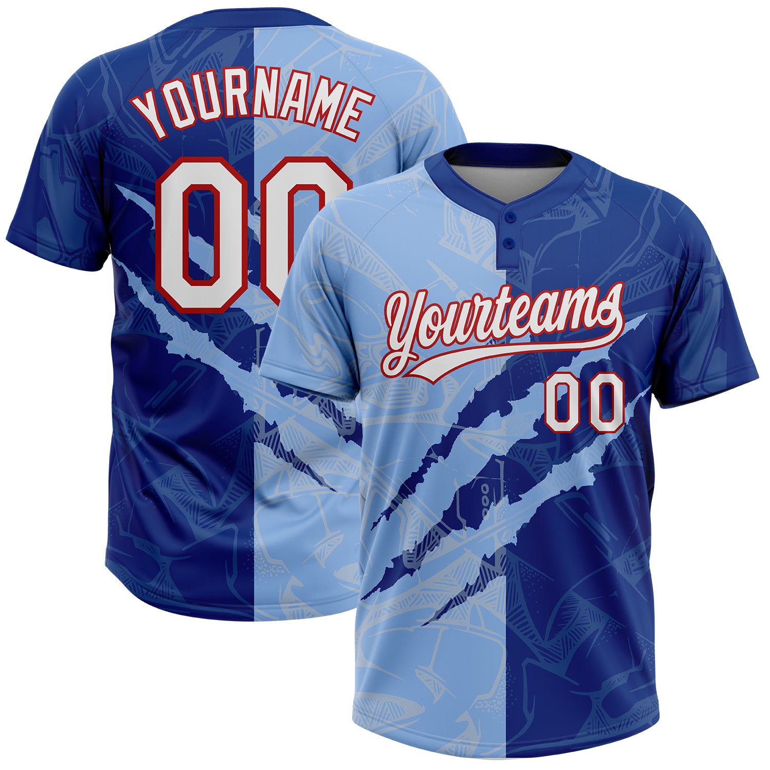 Custom Name Number Graffiti Pattern Softball Jersey Light Blue Royal Red 3D Two-Button Unisex Personalized Graffiti Pattern