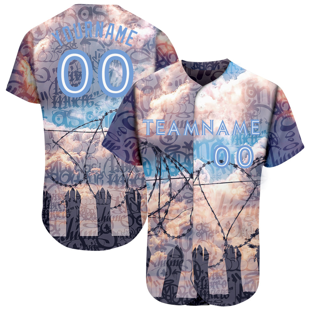 Custom Name Number 3D Freedom Baseball Jersey Light Blue White Authentic Graffiti Pattern Personalized Graffiti Pattern Light