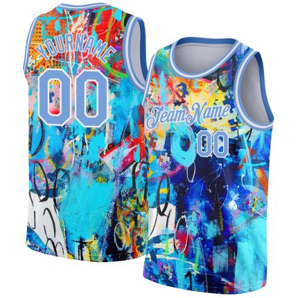 Custom Name and Number Basketball Jersey, Light Blue-White Graffiti Pattern 3D Grunge Art Design, Personalized Style Personalized