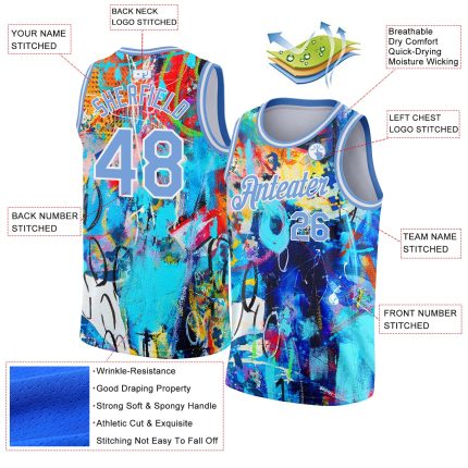Custom Name and Number Basketball Jersey, Light Blue-White Graffiti Pattern 3D Grunge Art Design, Personalized Style Personalized