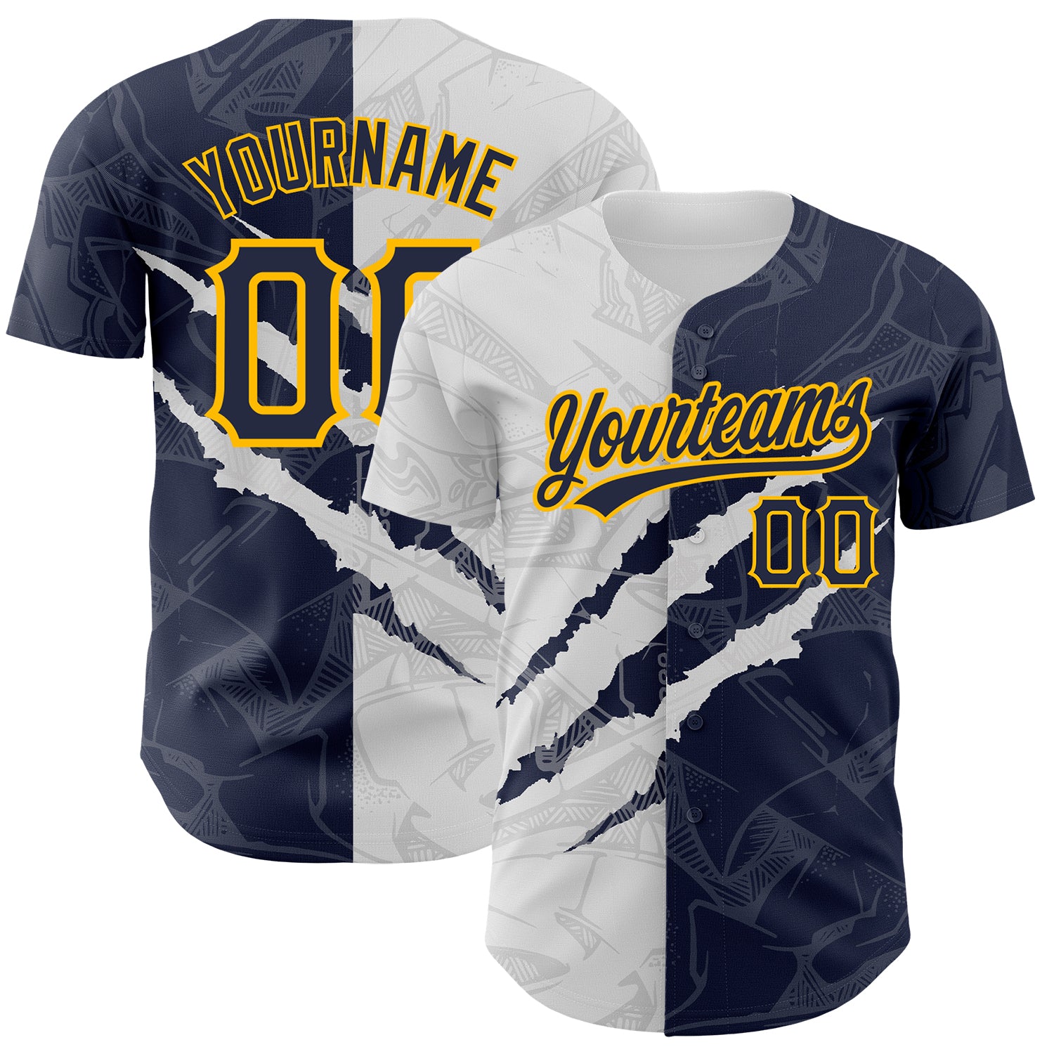 Personalized Navy Gold Graffiti Pattern 3D Scratch Baseball Jersey Custom Name & Number Authentic Team Gear Personalized