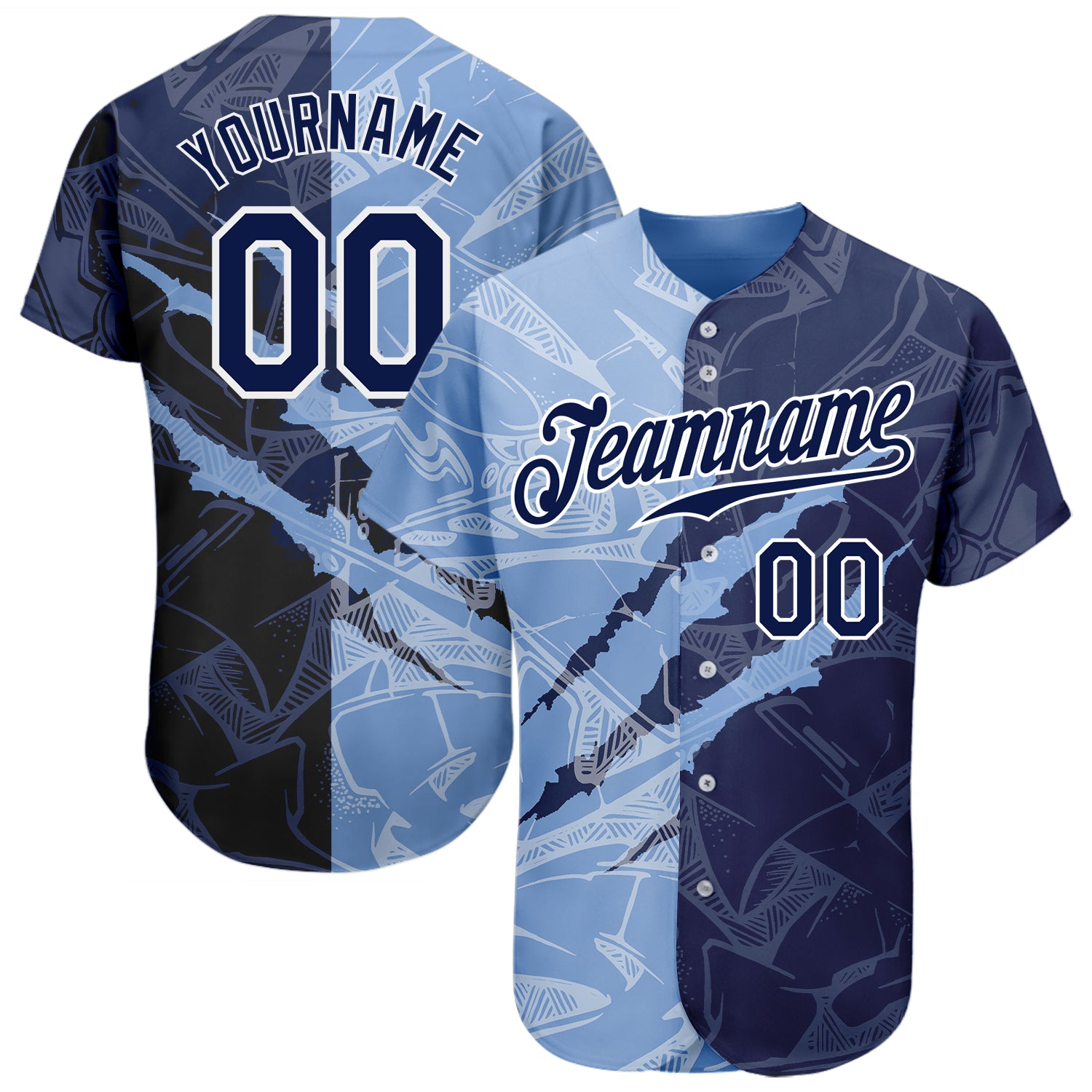 Custom 3D Scratch Baseball Jersey with Personalized Graffiti Pattern in Navy and Light Blue, Custom Name and Number Personalized