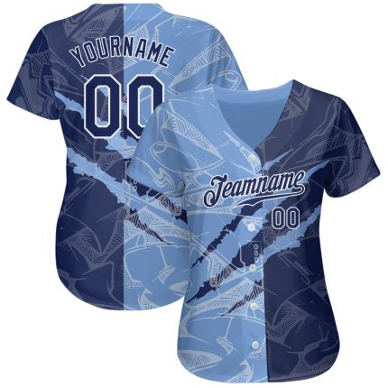 Custom 3D Scratch Baseball Jersey with Personalized Graffiti Pattern in Navy and Light Blue, Custom Name and Number Personalized