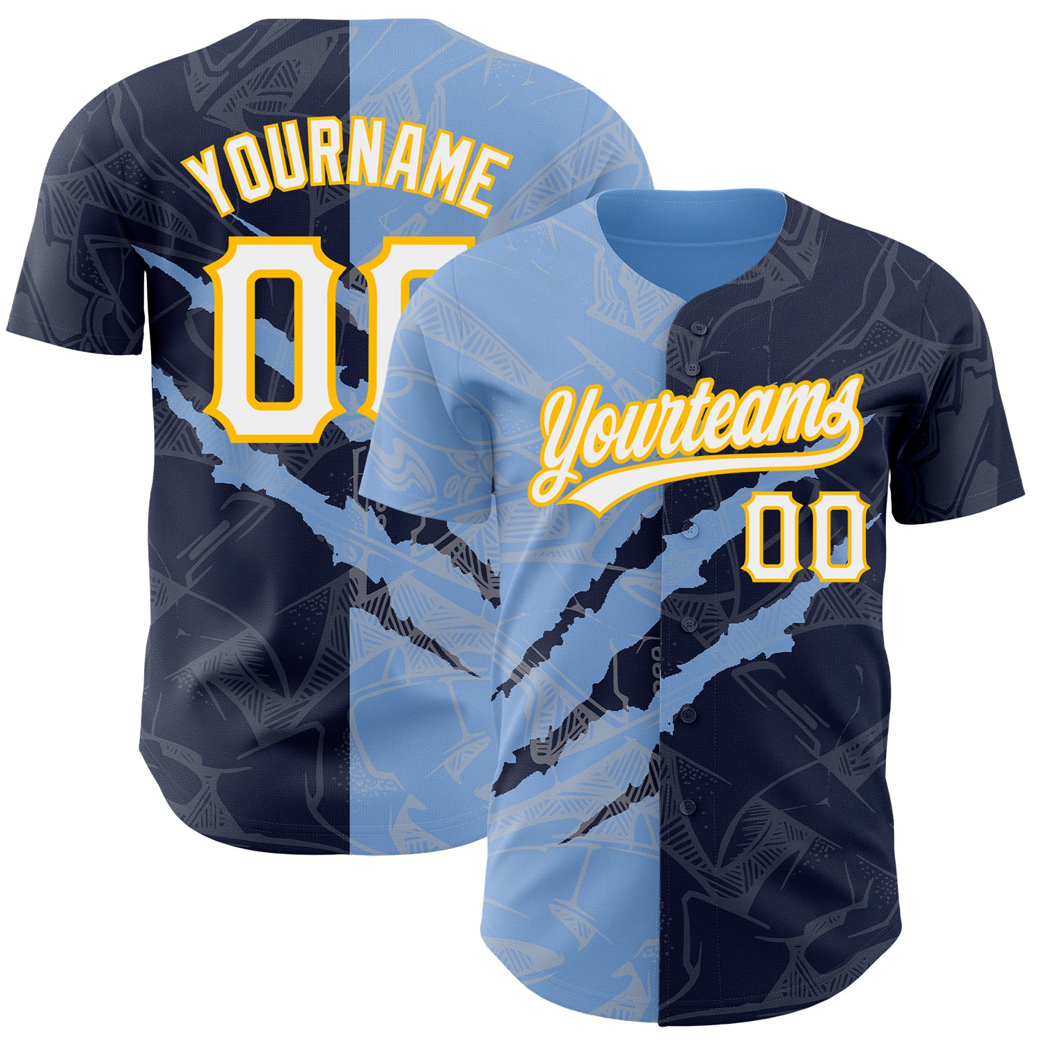 Personalized Navy Blue Gold Graffiti 3D Scratch Baseball Jersey with Custom Name and Number Personalized Graffiti Pattern