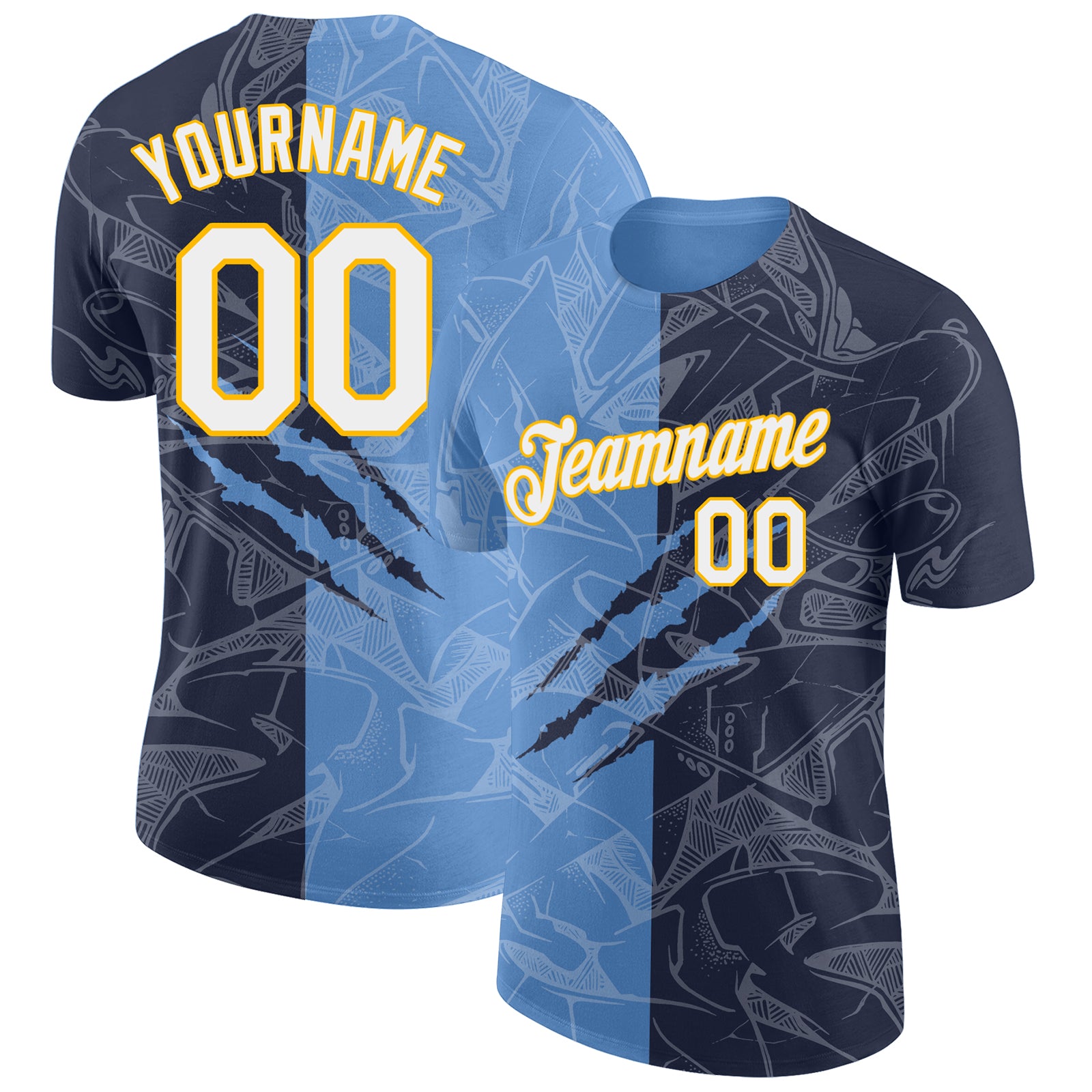 Custom Name Number 3D Performance T-Shirt Navy Light Blue Gold Graffiti Pattern Team Design Personalized Graffiti Pattern