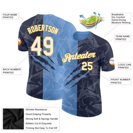 Custom Name Number 3D Performance T-Shirt Navy Light Blue Gold Graffiti Pattern Team Design Personalized Graffiti Pattern