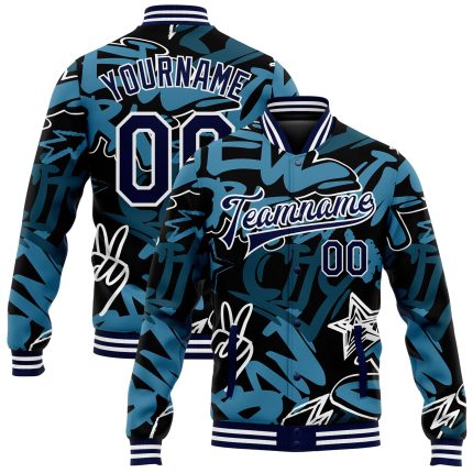 Custom Name and Number Graffiti Pattern 3D Bomber Varsity Jacket Navy-White Urban Street Art Full-Snap Team Apparel Personalized
