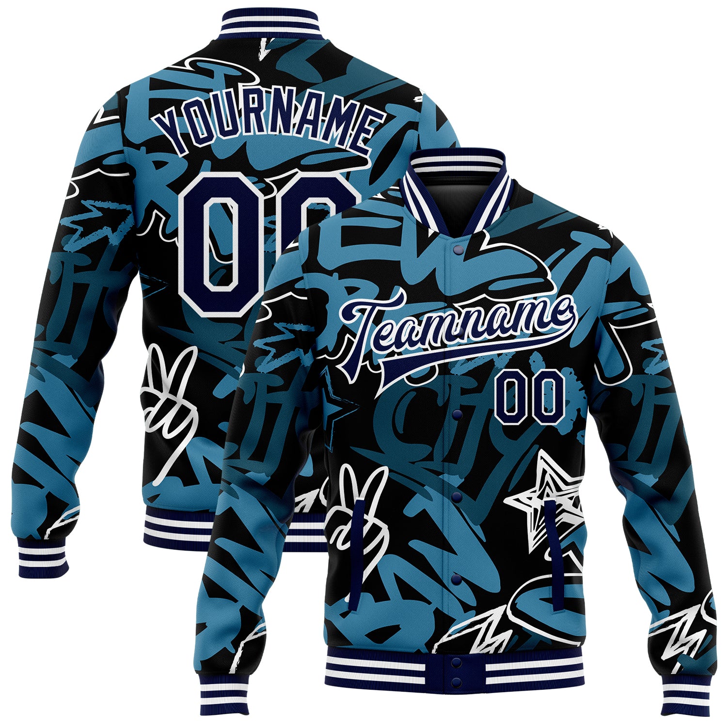 Custom Name and Number Graffiti Pattern 3D Bomber Varsity Jacket Navy-White Urban Street Art Full-Snap Team Apparel Personalized