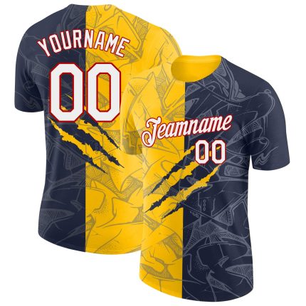 Custom 3D Performance T-Shirt with Personalized Graffiti Pattern in Navy Yellow-Red - Team Name & Number Personalized Graffiti