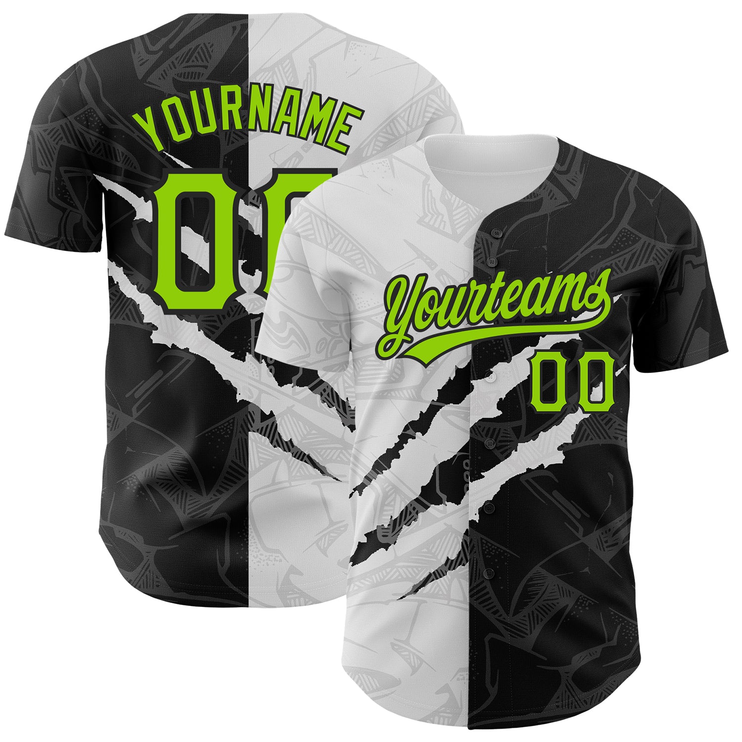Custom Neon Green Black Graffiti Pattern 3D Scratch Baseball Jersey with Personalized Name and Number Personalized Graffiti