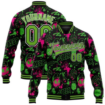Neon Green Black Graffiti Pattern Custom 3D Bomber Varsity Letterman Jacket with Personalized Name and Number Personalized