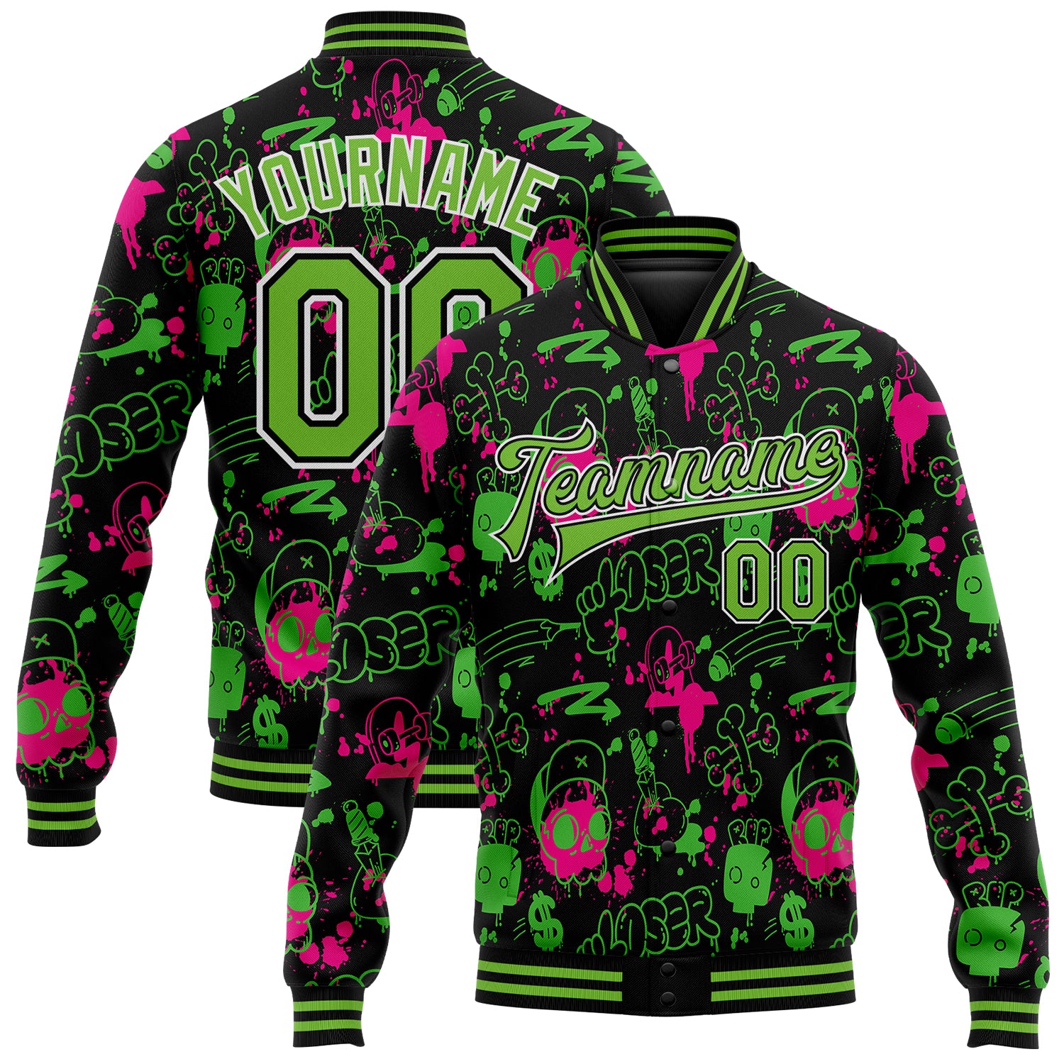 Neon Green Black Graffiti Pattern Custom 3D Bomber Varsity Letterman Jacket with Personalized Name and Number Personalized