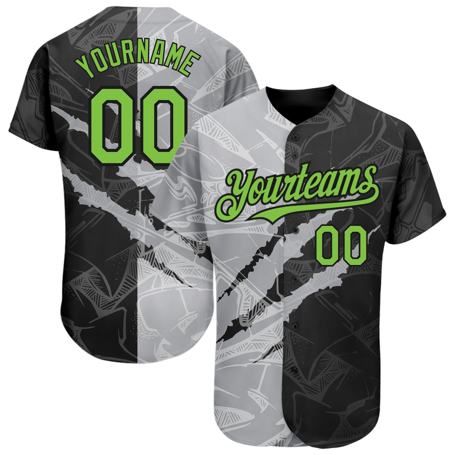 Custom Neon Green and Black Graffiti Pattern Authentic Baseball Jersey with 3D Scratch Design, Personalized Name and Number