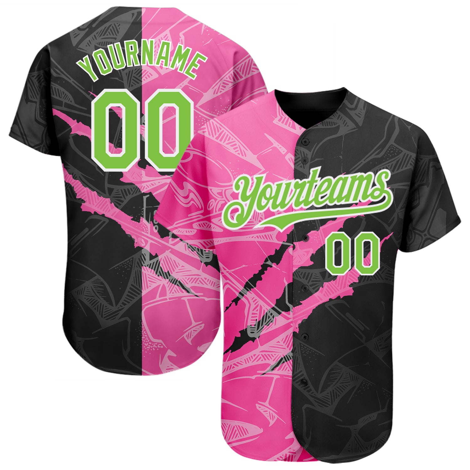 Personalized Neon Green Black-Pink Graffiti Pattern 3D Scratch Baseball Jersey with Custom Name and Number Personalized Graffiti