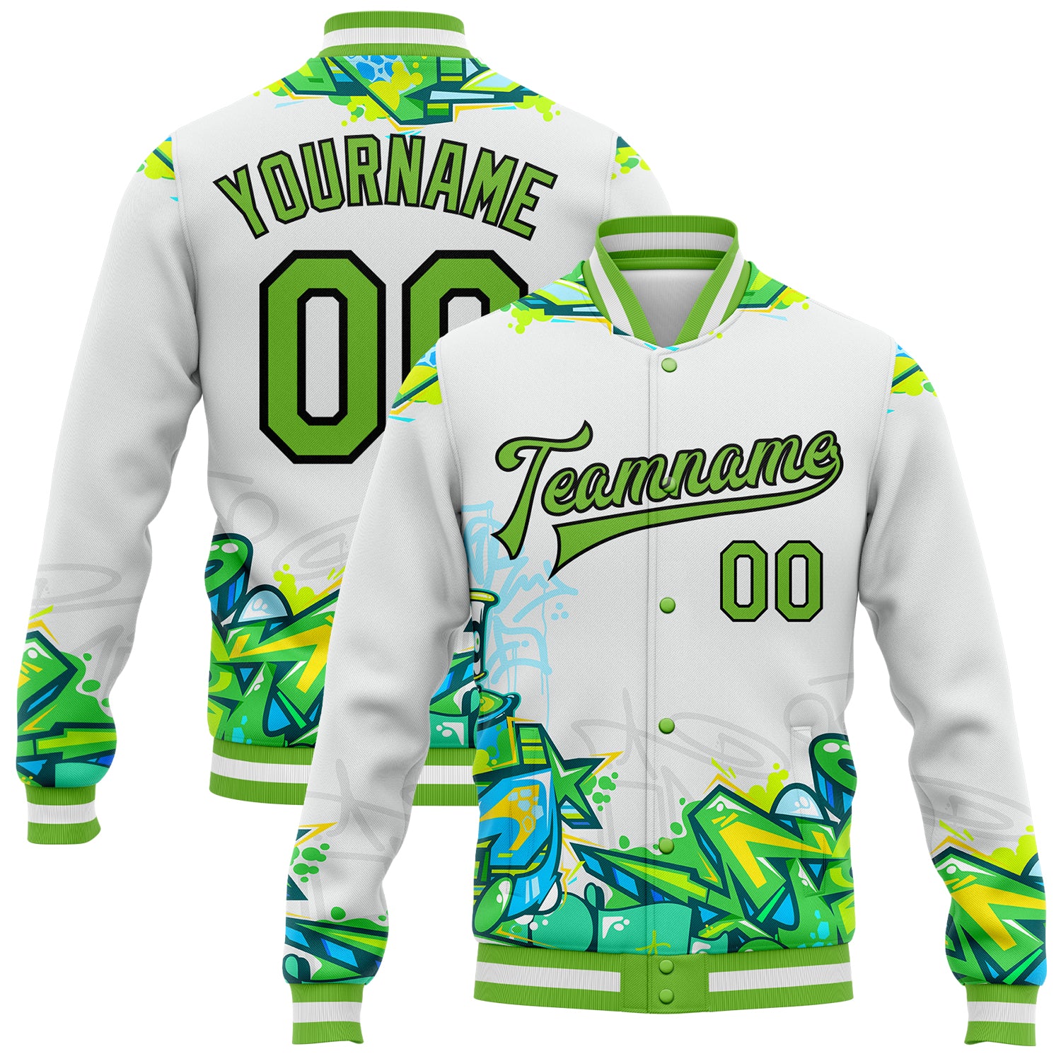 Neon Green-Black Personalized Graffiti Pattern 3D Bomber Varsity Letterman Jacket - Trendy Urban Street Art Fashion Personalized