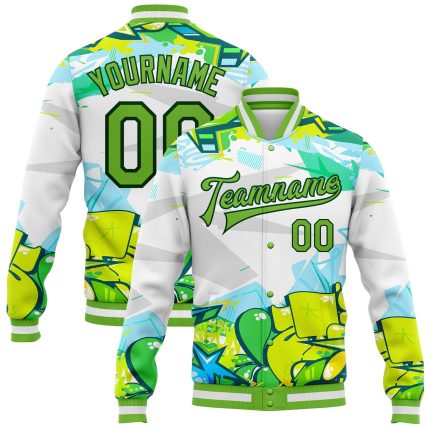 Personalized Urban Graffiti Neon Green-Black 3D Bomber Varsity Jacket with Custom Name & Number Personalized Graffiti Pattern