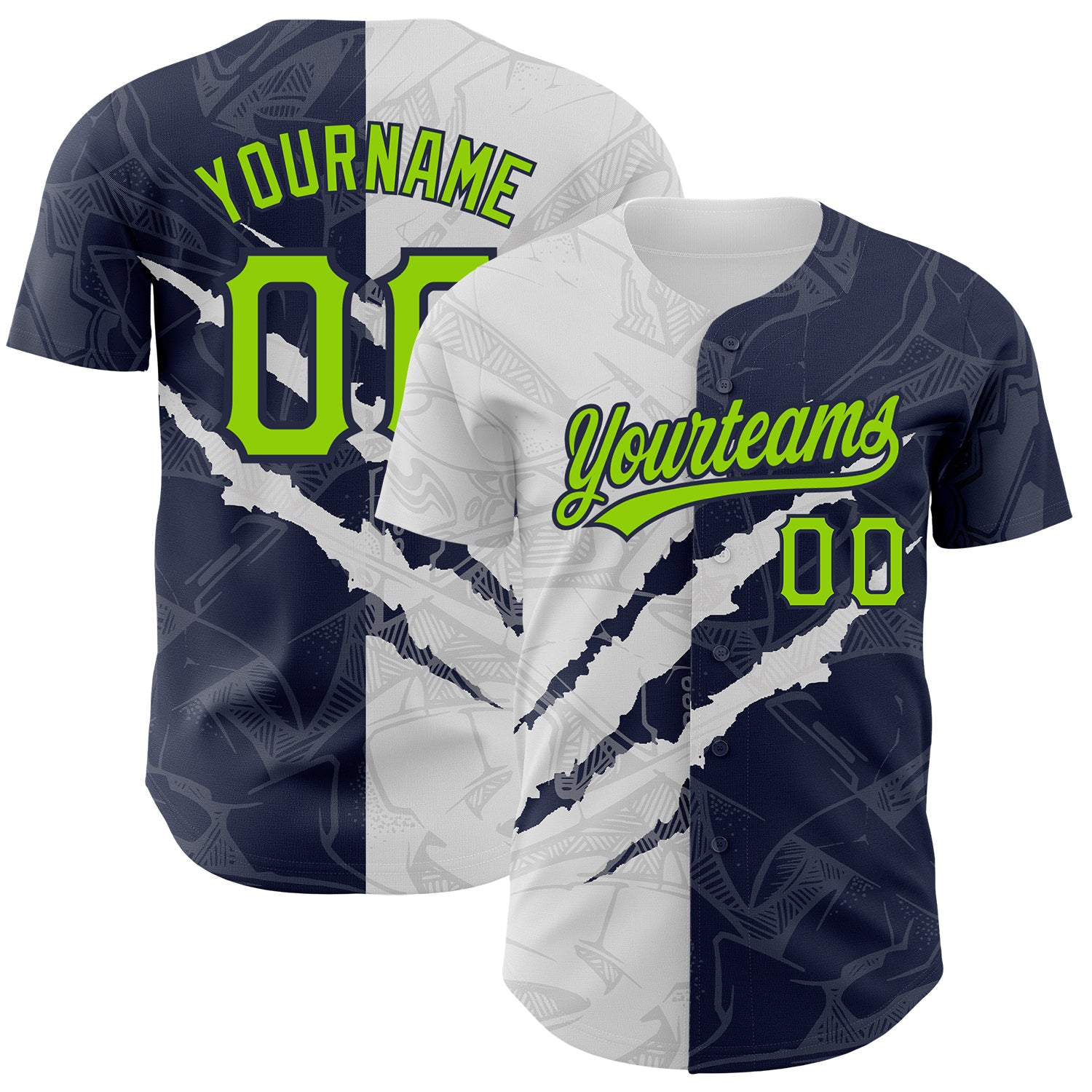 Custom Neon Green Navy Graffiti Pattern 3D Baseball Jersey with Personalized Name and Number - Authentic Team Gear Personalized