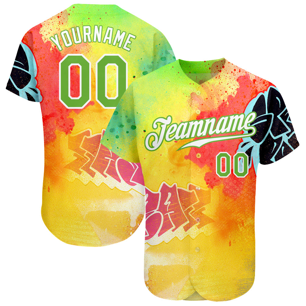 Personalized Neon Green White Graffiti 3D Baseball Jersey - Custom Authentic Apparel Personalized Graffiti Pattern Neon Green-White
