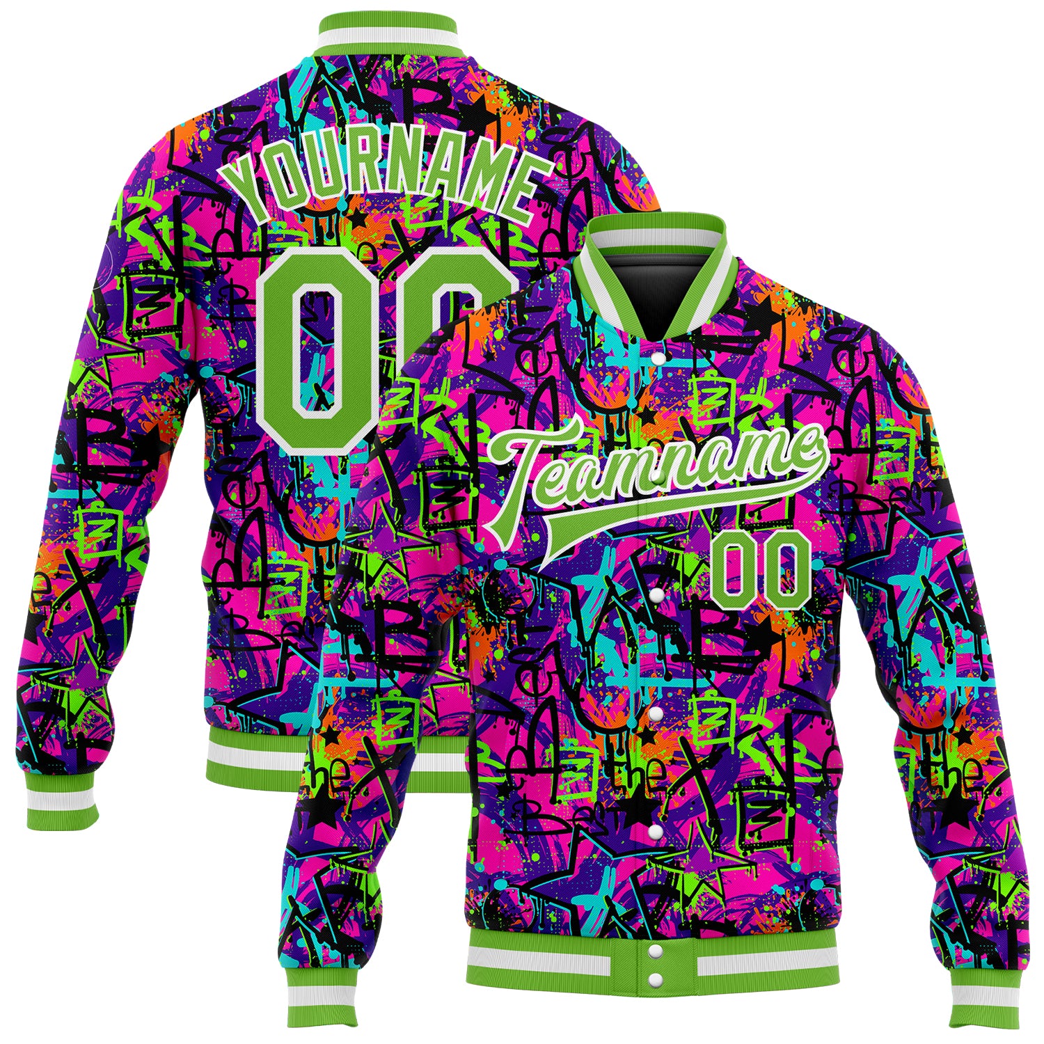 Custom Neon Green-White 3D Graffiti Pattern Varsity Letterman Jacket with Personalized Name and Number - Full-Snap Bomber Style