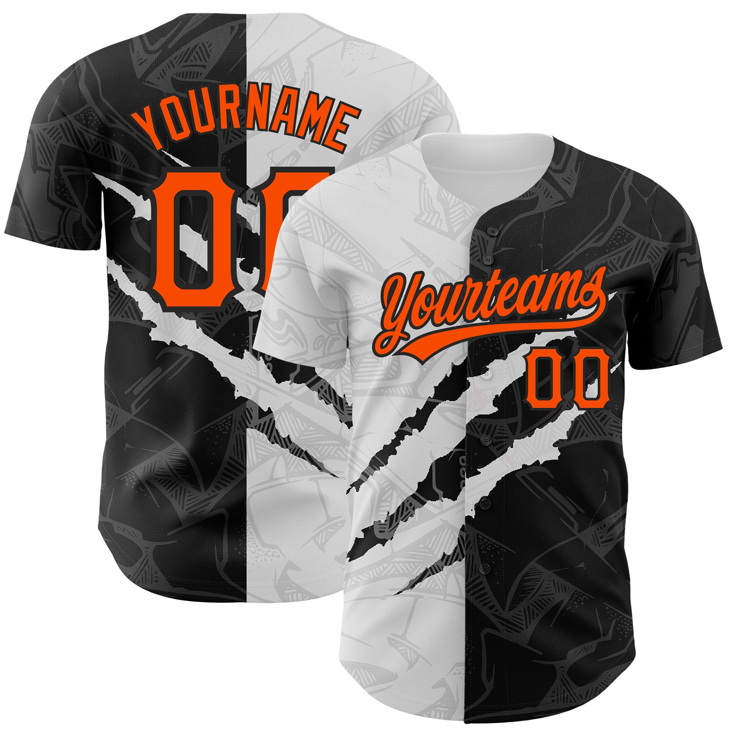 Custom Name and Number 3D Scratch Authentic Baseball Jersey, Personalized Orange-Black Graffiti Pattern Design Personalized