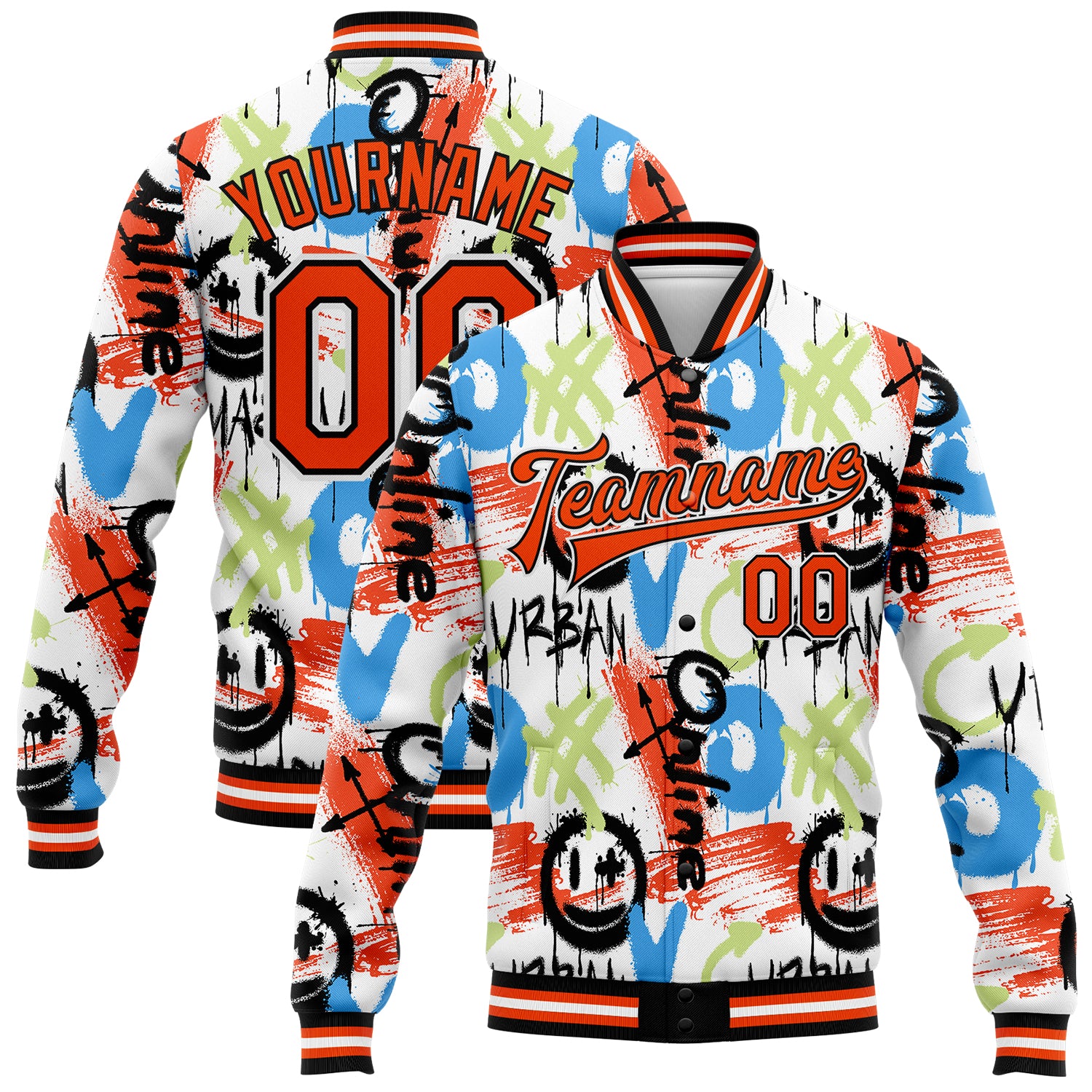 Custom Name Number Varsity Jacket 3D Bomber Abstract Graffiti Pattern Orange Black Grunge Art Full-Snap Letterman Jacket