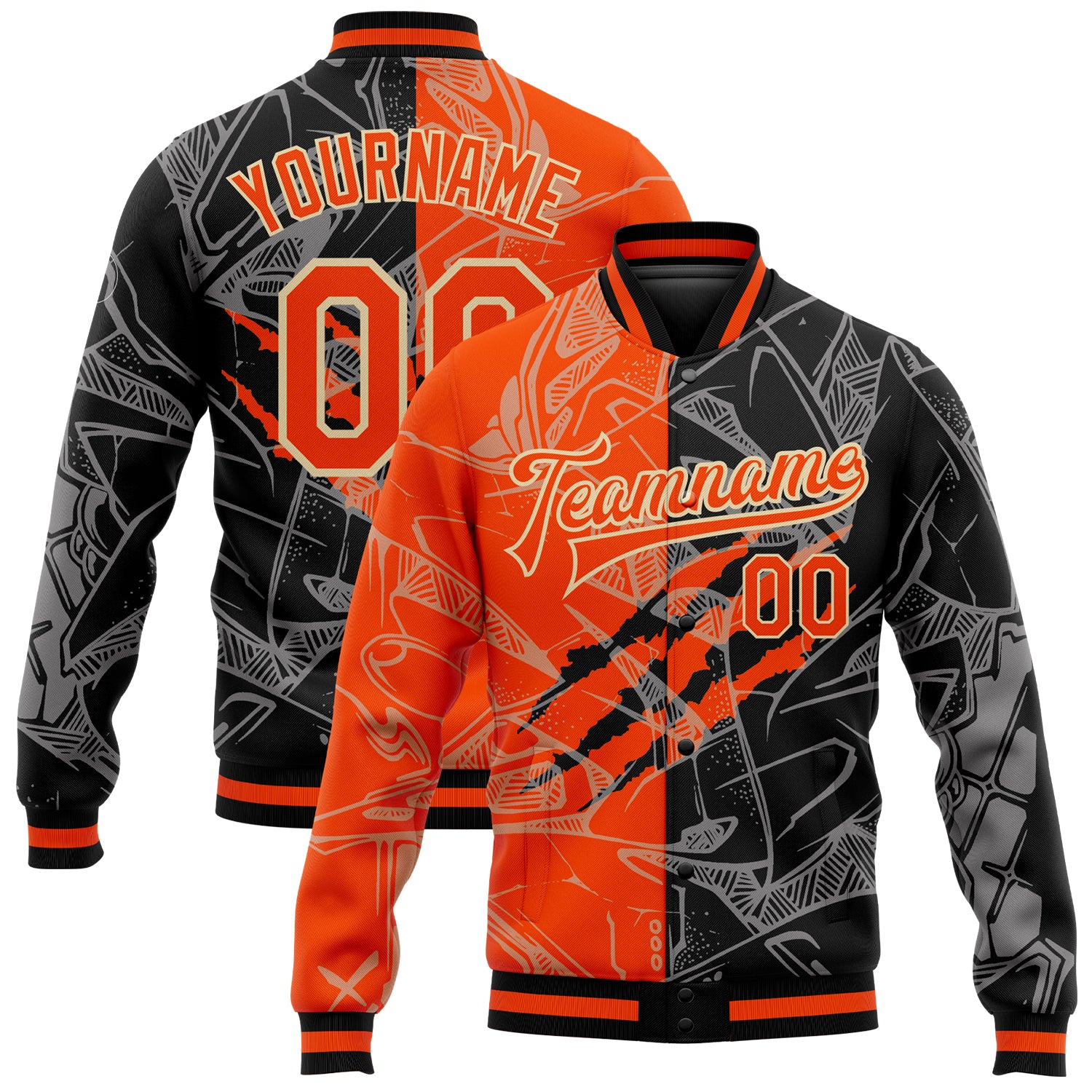 Custom Name Number 3D Bomber Jacket Personalized Graffiti Pattern Orange Black Cream Varsity Letterman Full-Snap Team Wear