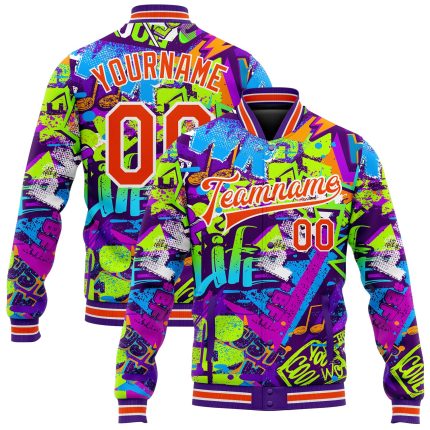 Custom Name & Number Personalized Orange-White Graffiti 3D Bomber Varsity Letterman Jacket Street Art Grunge Style Personalized