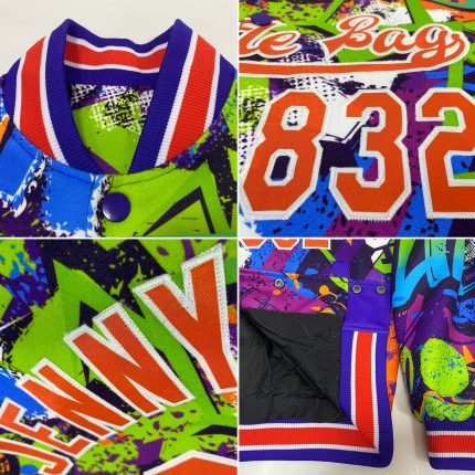 Custom Name & Number Personalized Orange-White Graffiti 3D Bomber Varsity Letterman Jacket Street Art Grunge Style Personalized