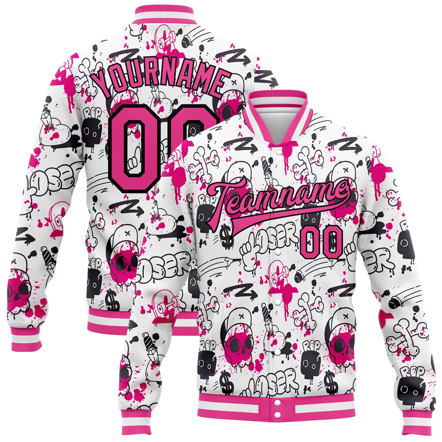 Custom Graffiti Pattern Bomber Jacket Pink-Black 3D Abstract Grunge Art Varsity Letterman with Team Name and Number Personalized