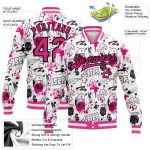 Custom Graffiti Pattern Bomber Jacket Pink-Black 3D Abstract Grunge Art Varsity Letterman with Team Name and Number Personalized