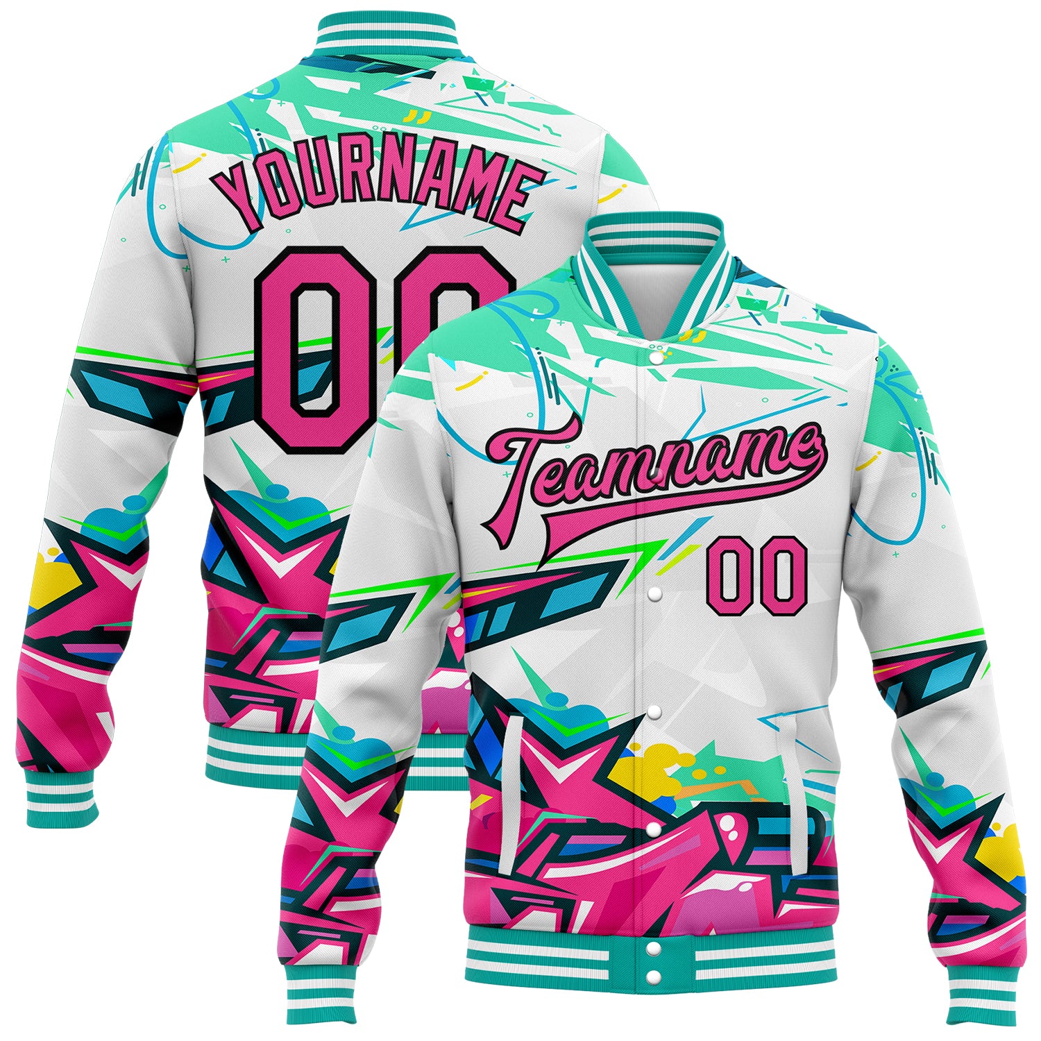 Custom Name and Number Personalized Pink Black Graffiti 3D Varsity Letterman Bomber Jacket Abstract Splashes Design Personalized