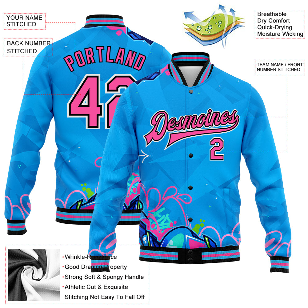 Personalized Graffiti Pattern Pink-Black Hiphop Abstract Urban Street Art 3D Bomber Full-Snap Varsity Letterman Jacket Personalized Pink Black Graffiti Pattern 3D Bomber Varsity Letterman Jacket Urban Street Art Hip Hop Style Personalized Graffiti - Image 3