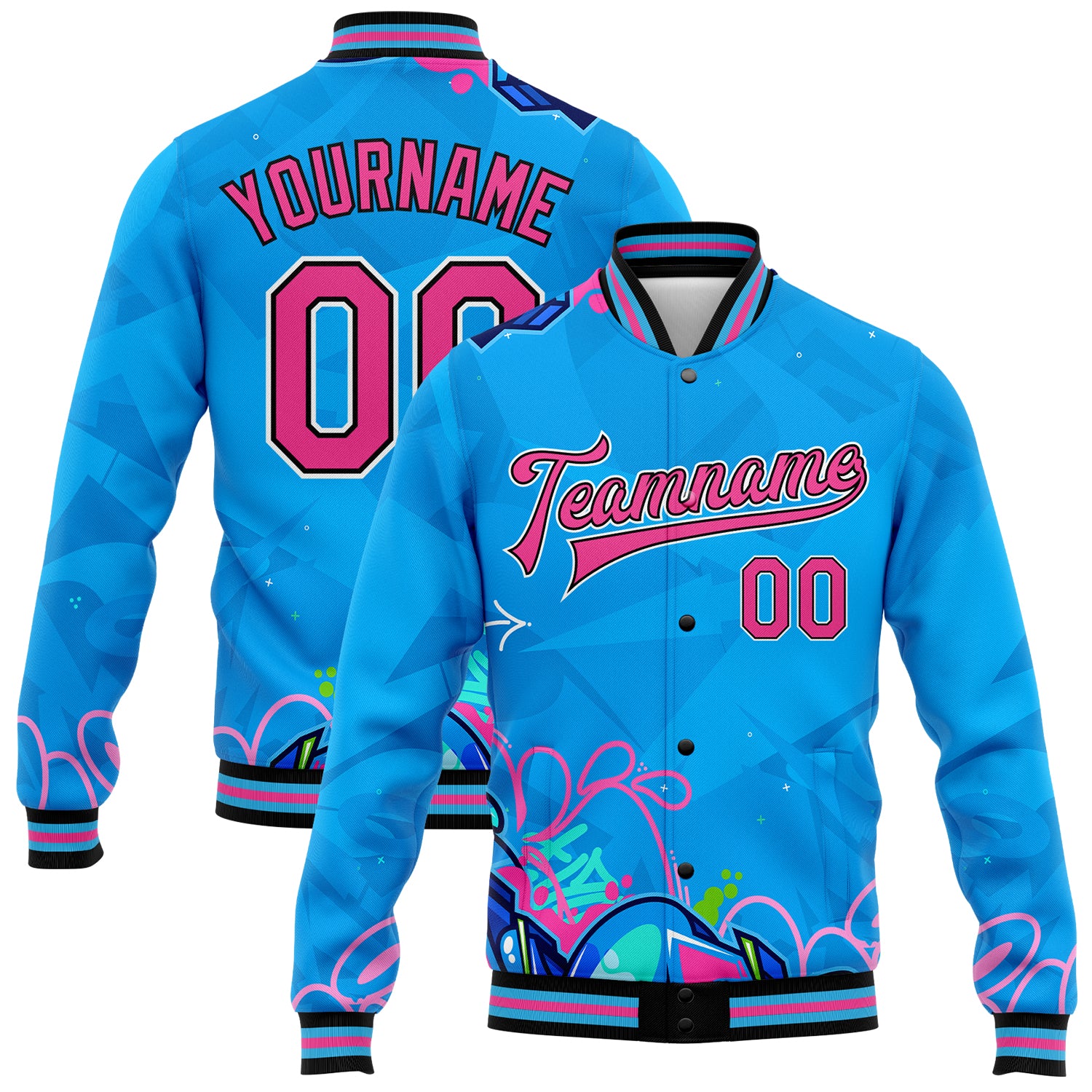 Personalized Pink Black Graffiti Pattern 3D Bomber Varsity Letterman Jacket Urban Street Art Hip Hop Style Personalized Graffiti