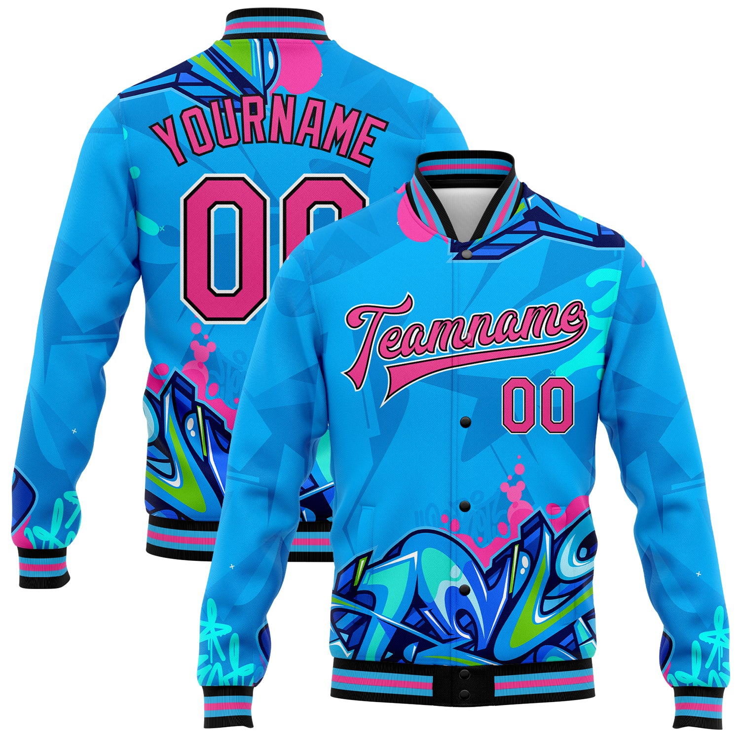 Custom Name Varsity Letterman Jacket 3D Pink-Black Graffiti Pattern Hiphop Urban Street Art Bomber Full-Snap Design Personalized